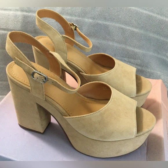 Lisa Vicky Shoes - Lisa Vicky Jig Camel Kid Suede Platform Block Heeled Sandals Size 8.5